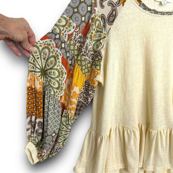 Umgee Mixed Print Balloon Sleeve Babydoll Blouse Top Boho Lightweight Size Small - Picture 3 of 9
